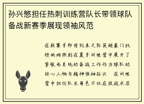 孙兴慜担任热刺训练营队长带领球队备战新赛季展现领袖风范 孙兴慜担任热刺训练营队长带领球队备战新赛季展现领袖风范